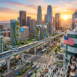 Futuristic city with elevated trains, curved skyscrapers, and busy streets